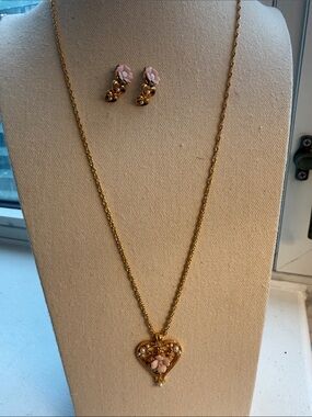 Vintage Avon Heart Necklace & Earring Set. Gold Tone with Porcelain Pink Rose.